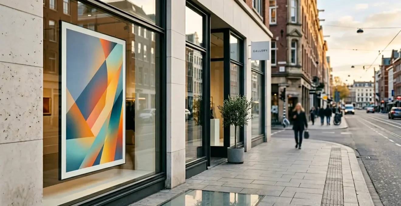 Affiche publicitaire colorée devant une vitrine de commerce de proximité attirant l'attention des passants