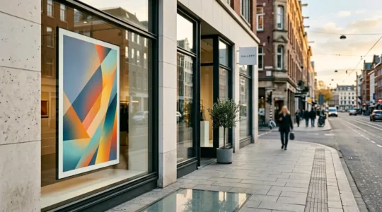 Affiche publicitaire colorée devant une vitrine de commerce de proximité attirant l'attention des passants