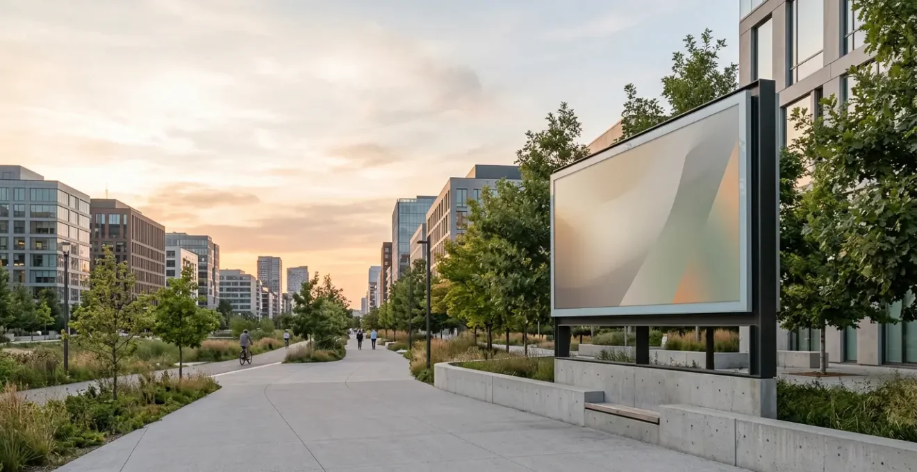 Composition urbaine montrant l'integration harmonieuse d'un panneau publicitaire dans un environnement urbain respectueux