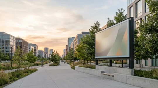 Composition urbaine montrant l'integration harmonieuse d'un panneau publicitaire dans un environnement urbain respectueux
