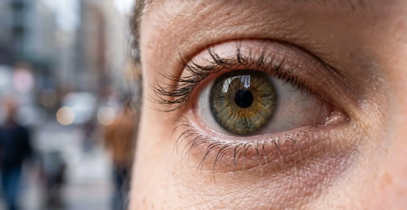 Gros plan macro sur l'oeil humain observant un environnement urbain flou en arriere-plan