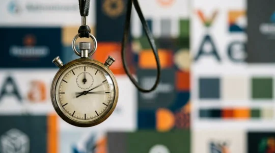 Chronomètre marquant trois secondes avec éléments de branding en arrière-plan