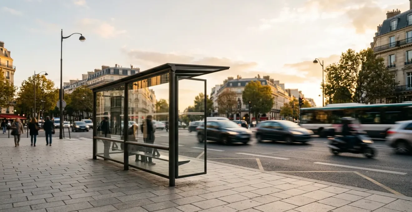 Abribus urbain moderne avec affichage publicitaire dans un environnement urbain français