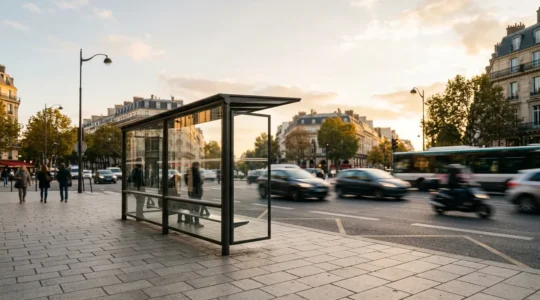 Abribus urbain moderne avec affichage publicitaire dans un environnement urbain français