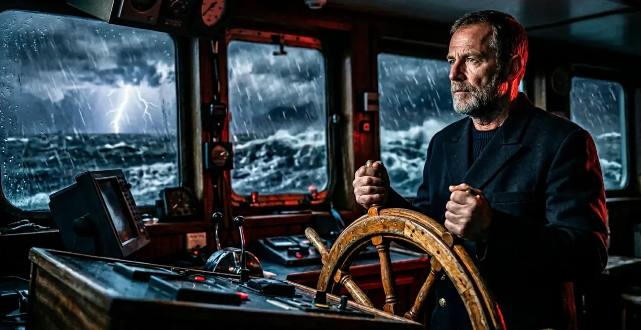 Capitaine de navire maintenant le cap dans une tempête médiatique symbolisant la gestion de crise