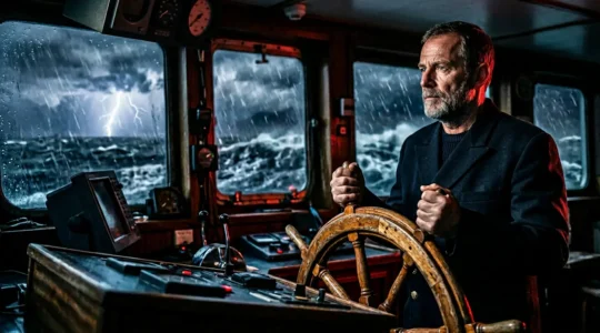Capitaine de navire maintenant le cap dans une tempête médiatique symbolisant la gestion de crise