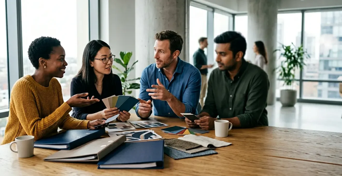 Scène de collaboration entre équipes marketing et commerciales autour d'une charte graphique