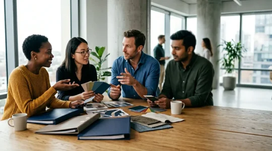 Scène de collaboration entre équipes marketing et commerciales autour d'une charte graphique