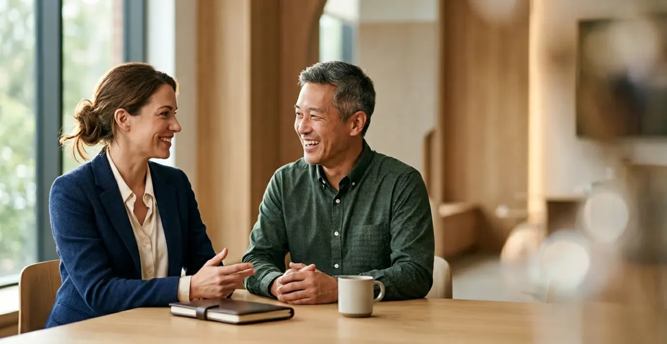 Scene de service client authentique avec interaction humaine chaleureuse et echange positif