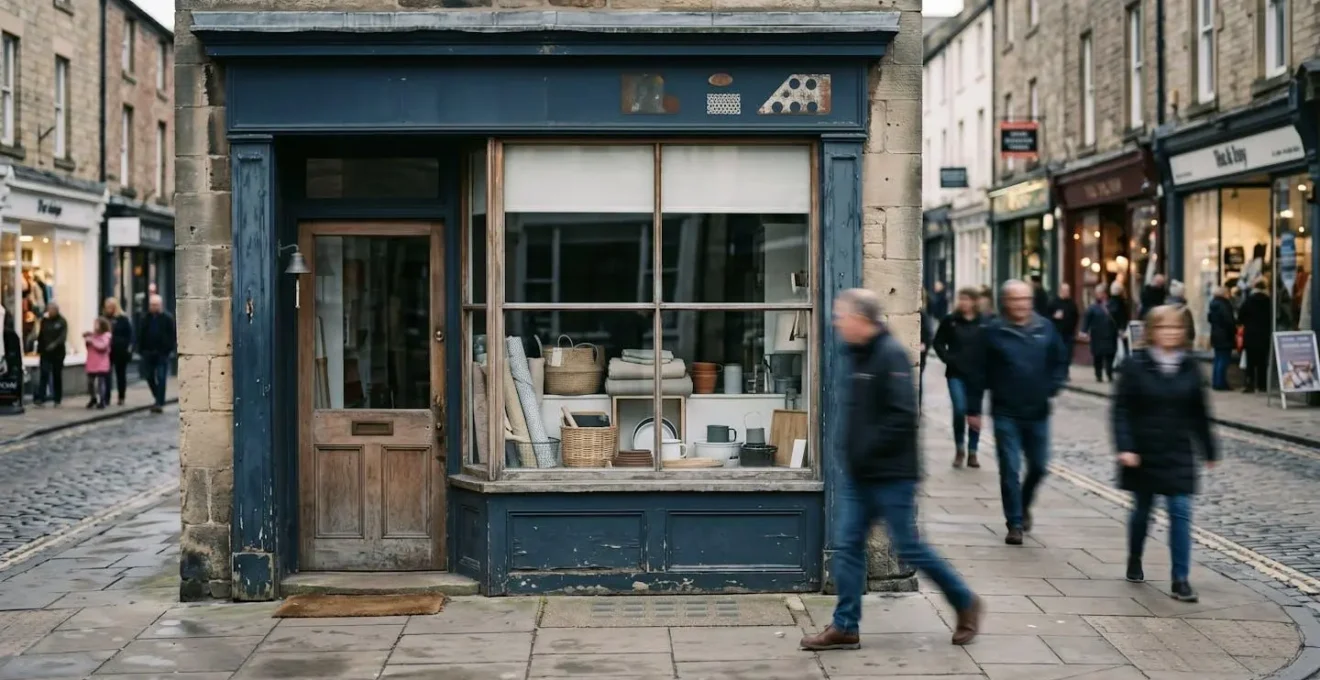 Commerce de proximité avec devanture discrète et absence de clients dans une rue commerçante animée