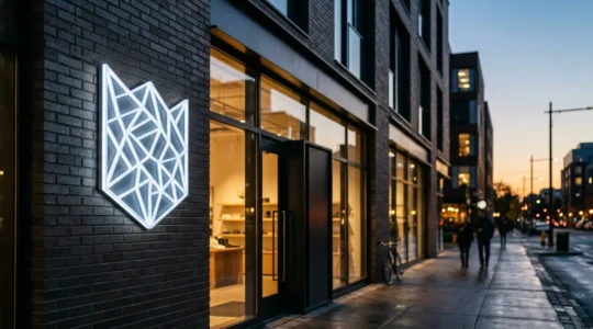 Enseigne lumineuse LED moderne éclairant la façade d'un commerce la nuit, symbole de visibilité et d'efficacité énergétique