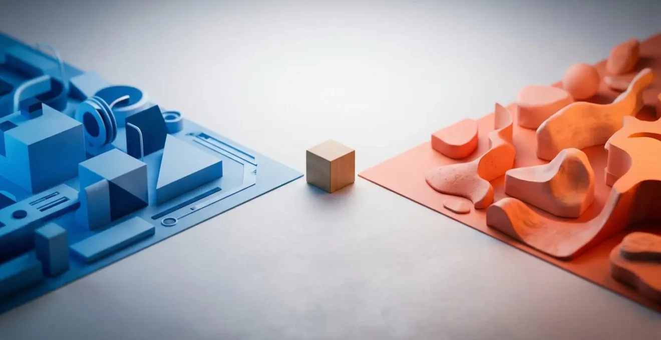 Composition symbolique avec deux chemins distincts représentant des stratégies marketing différentes