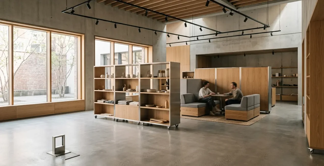 Espace de retail moderne avec une atmosphère immersive et un design épuré, invitant à l'expérience client