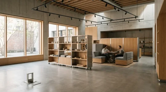 Espace de retail moderne avec une atmosphère immersive et un design épuré, invitant à l'expérience client