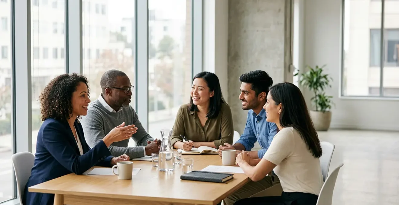 Equipe diverse collaborant autour d'une table dans un environnement de bureau moderne et lumineux