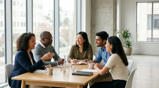 Equipe diverse collaborant autour d'une table dans un environnement de bureau moderne et lumineux