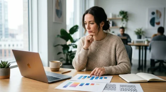 Professionnel du marketing analysant des données et graphiques pour prendre des décisions stratégiques