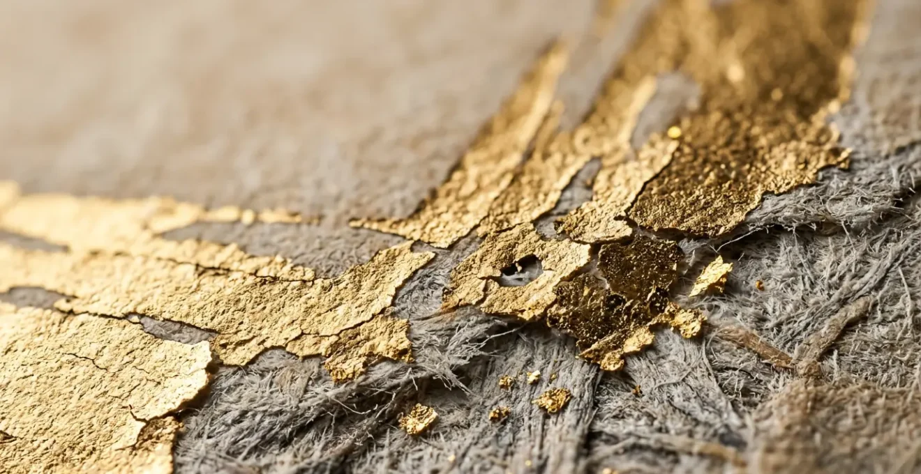 Détail macro de dorure à chaud défaillante sur papier texturé révélant les micro-ruptures