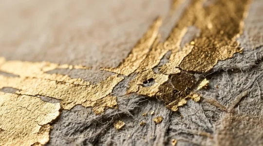Détail macro de dorure à chaud défaillante sur papier texturé révélant les micro-ruptures