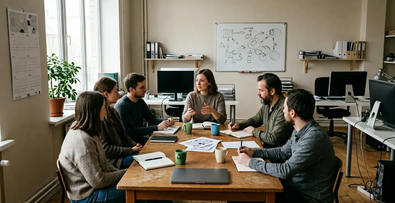 Conférence de rédaction dans une salle de presse régionale avec journalistes et écrans
