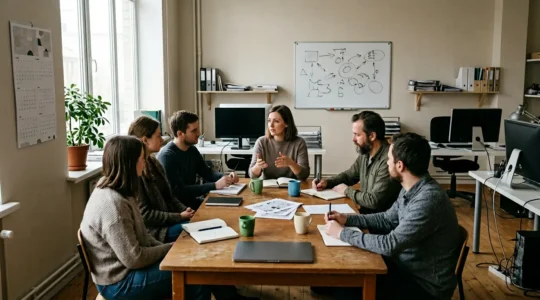 Conférence de rédaction dans une salle de presse régionale avec journalistes et écrans