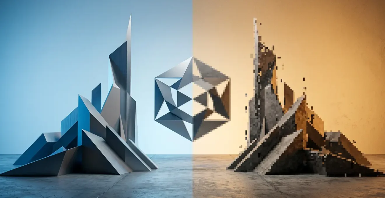 Concept abstrait montrant la différence entre qualité vectorielle et pixellisation, évoquant les coûts techniques cachés