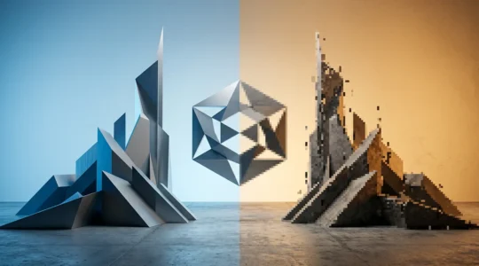 Concept abstrait montrant la différence entre qualité vectorielle et pixellisation, évoquant les coûts techniques cachés