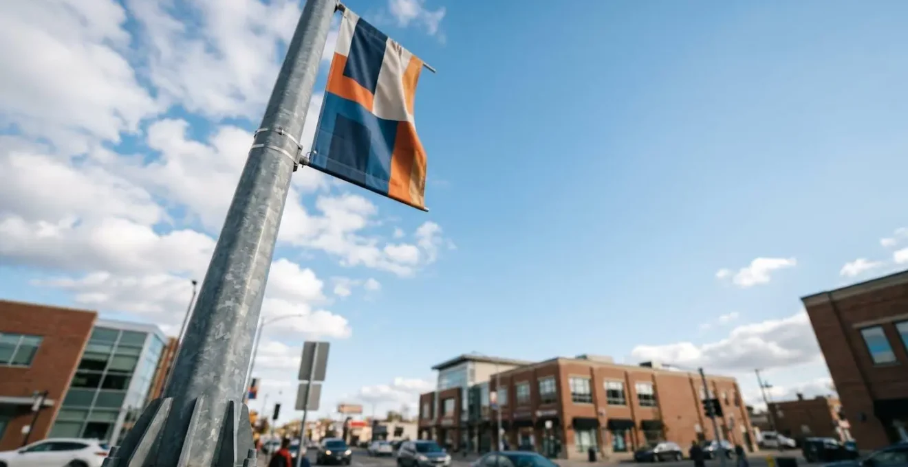Mât drapeau en hauteur dominant la ligne d'horizon visuelle d'une zone commerciale