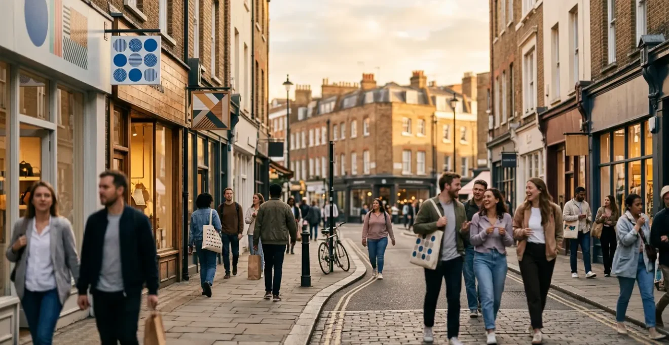 Environnement de commerce local avec devantures de magasins et flux de clients dans un quartier dynamique