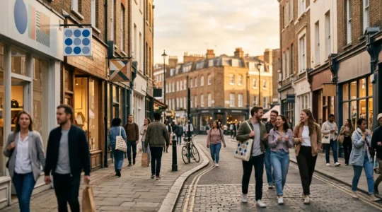 Environnement de commerce local avec devantures de magasins et flux de clients dans un quartier dynamique