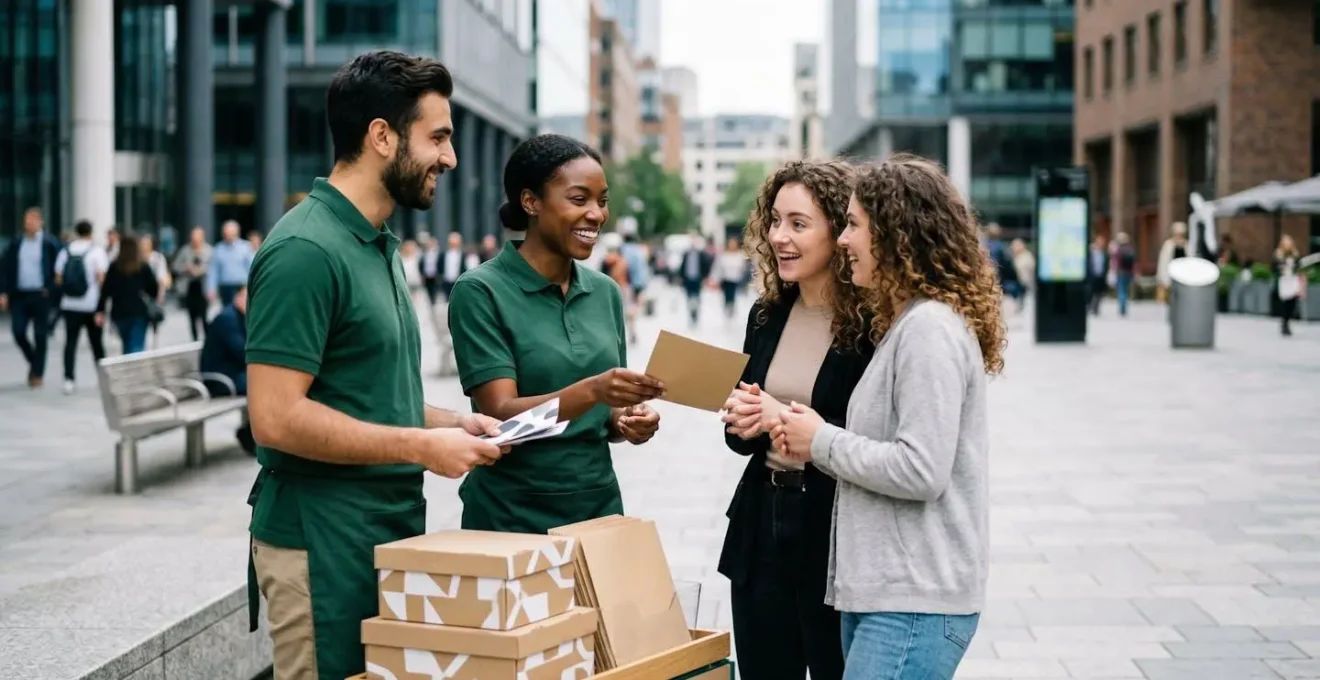 Opération de street marketing dynamique en centre-ville avec équipe d'animateurs et passants engagés