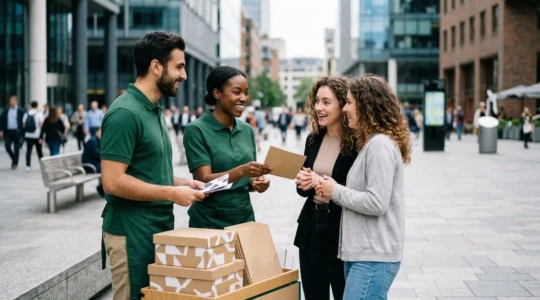 Opération de street marketing dynamique en centre-ville avec équipe d'animateurs et passants engagés