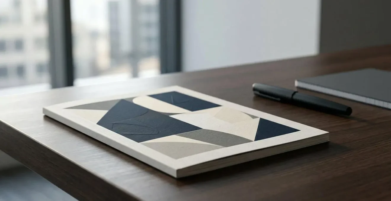 Plaquette commerciale premium posée sur une table de réunion moderne dans un contexte B2B