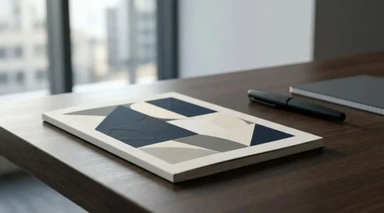 Plaquette commerciale premium posée sur une table de réunion moderne dans un contexte B2B