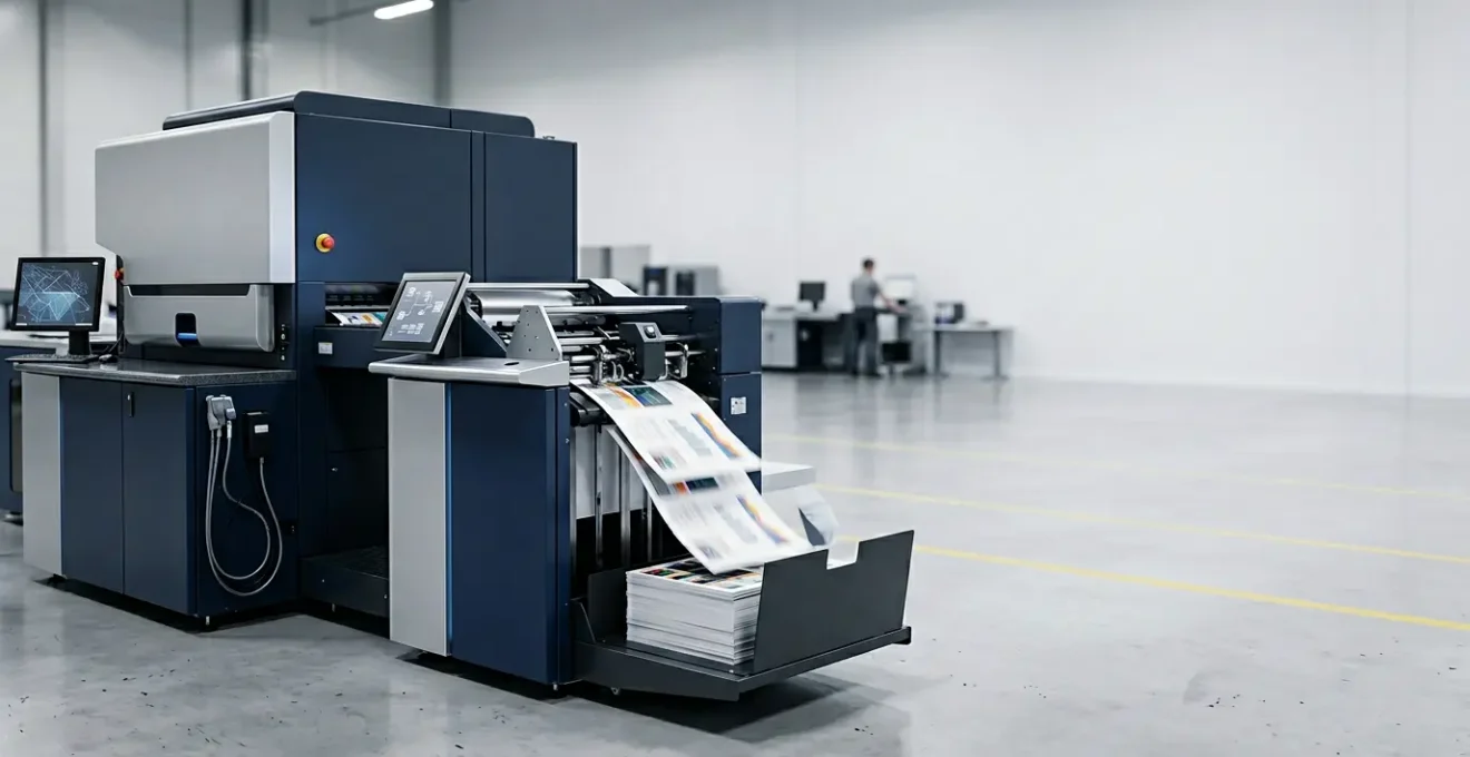 Presse d'impression numérique moderne en action pour production urgente sous 48 heures