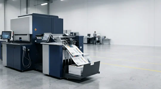 Presse d'impression numérique moderne en action pour production urgente sous 48 heures