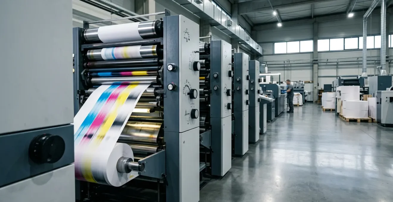 Presse offset industrielle en pleine production d'un tirage de masse avec cylindres et alimentation papier