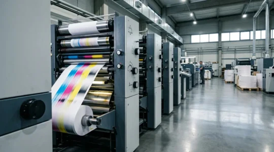 Presse offset industrielle en pleine production d'un tirage de masse avec cylindres et alimentation papier