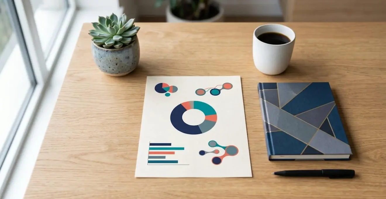 Vue en plongée d'un bureau épuré avec un rapport simplifié et des graphiques visuels clairs