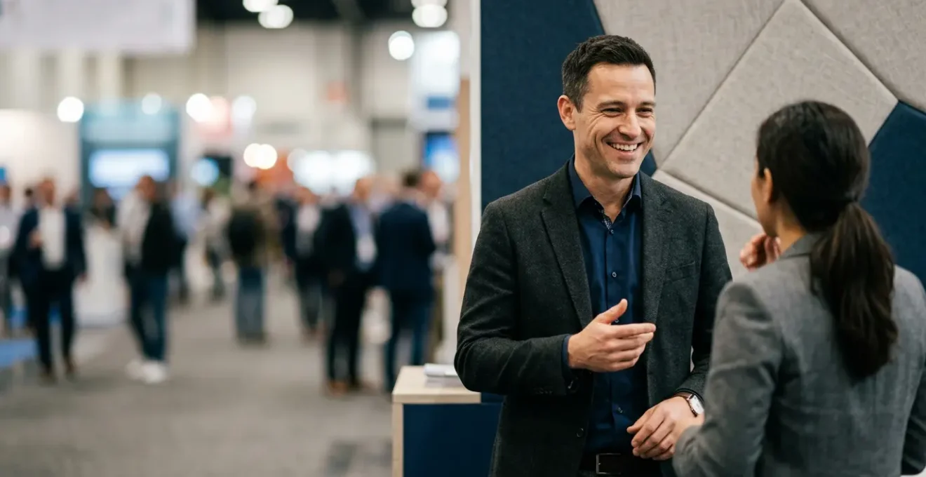 Scène de salon professionnel avec échange dynamique entre professionnels sur un stand d'exposition moderne