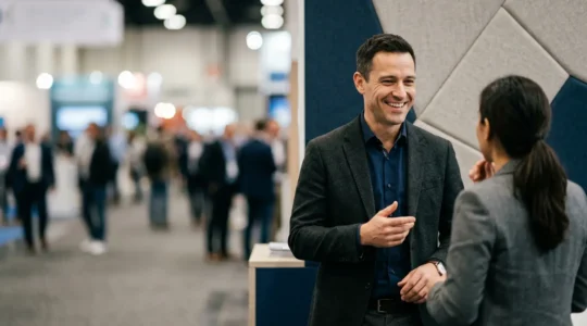 Scène de salon professionnel avec échange dynamique entre professionnels sur un stand d'exposition moderne