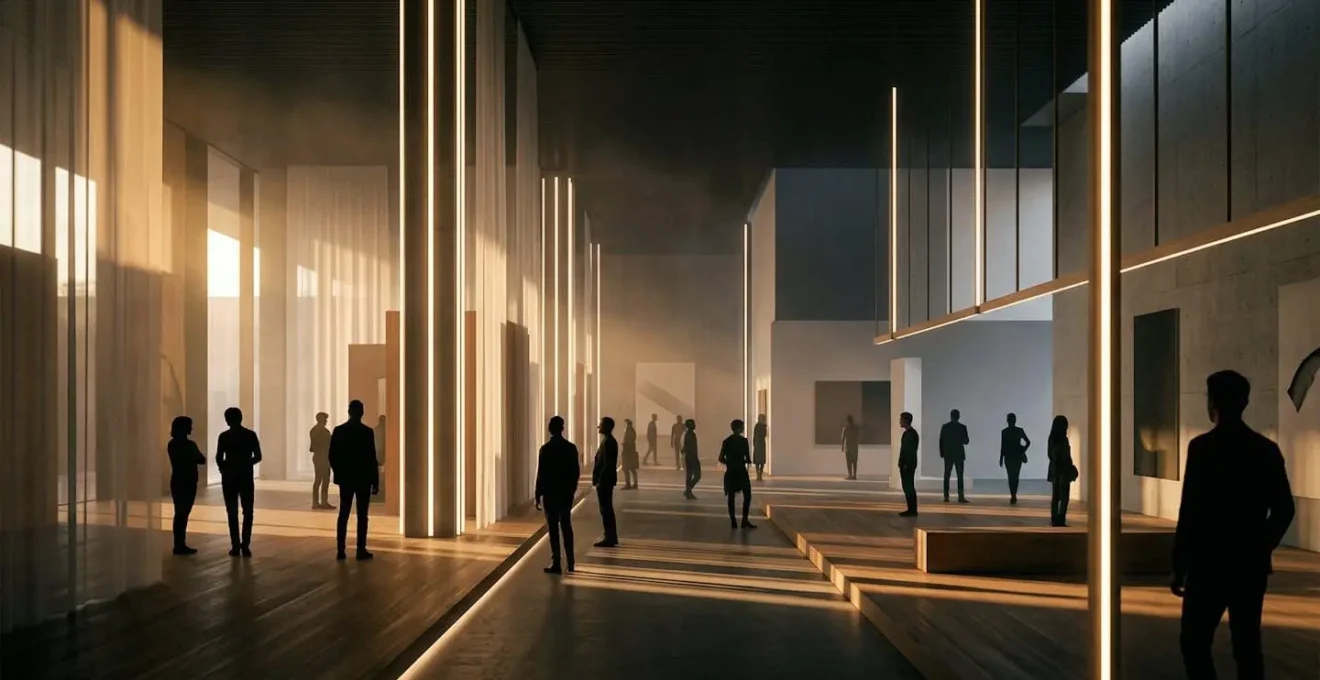 Espace événementiel moderne avec éclairage architectural créant une expérience immersive pour les visiteurs