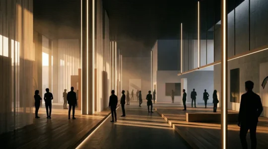 Espace événementiel moderne avec éclairage architectural créant une expérience immersive pour les visiteurs