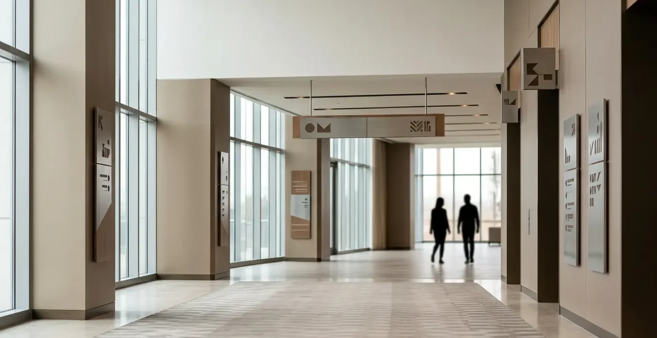 Système de signalétique directionnelle élégant intégré dans un espace commercial contemporain