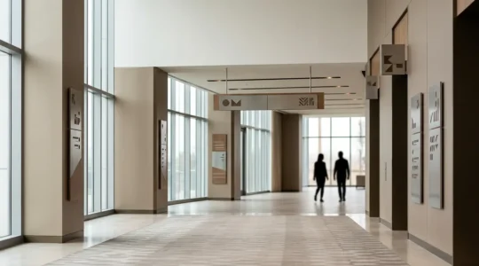 Système de signalétique directionnelle élégant intégré dans un espace commercial contemporain