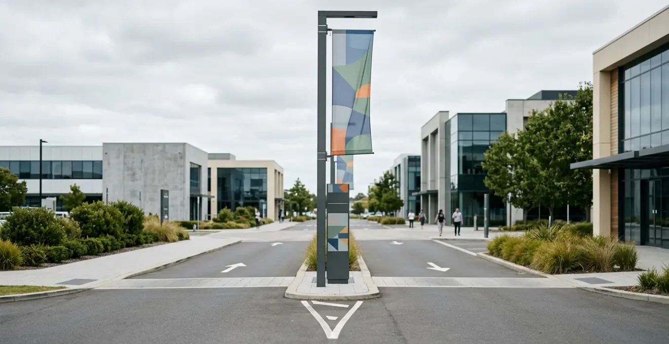 Signalétique directionnelle professionnelle guidant les visiteurs vers un magasin en zone commerciale