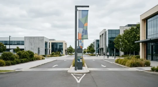 Signalétique directionnelle professionnelle guidant les visiteurs vers un magasin en zone commerciale