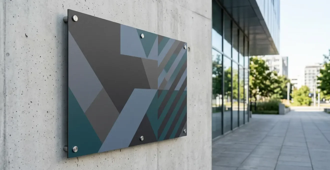 Panneau de signalétique extérieure professionnel installé en façade, résistant aux intempéries et aux rayons UV