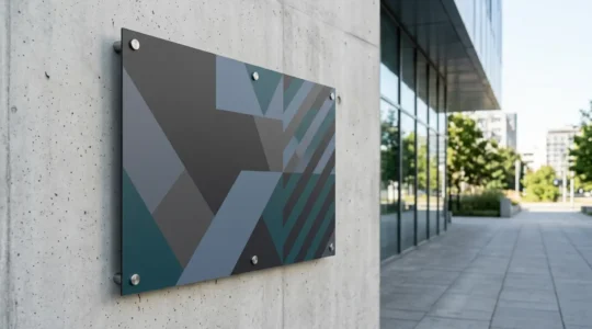 Panneau de signalétique extérieure professionnel installé en façade, résistant aux intempéries et aux rayons UV