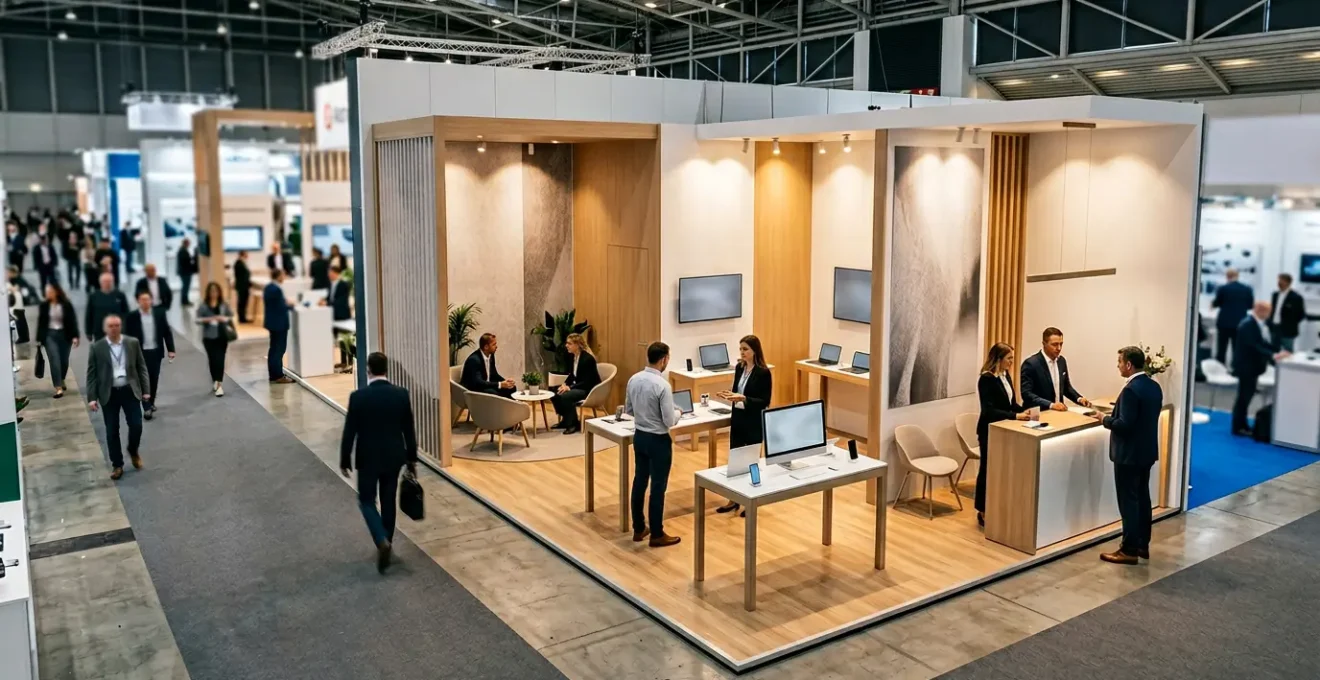 Stand d'exposition professionnel de 18m² sur un salon B2B avec aménagement stratégique